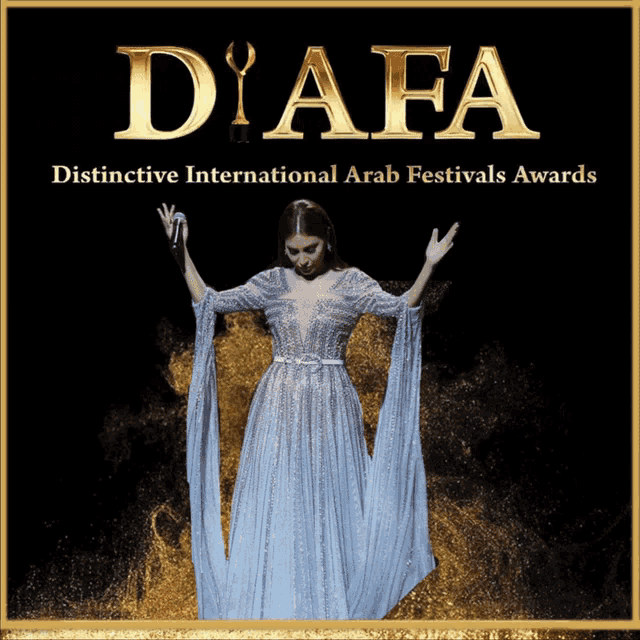 a poster for the distinctive international arab festivals awards shows a woman in a blue dress