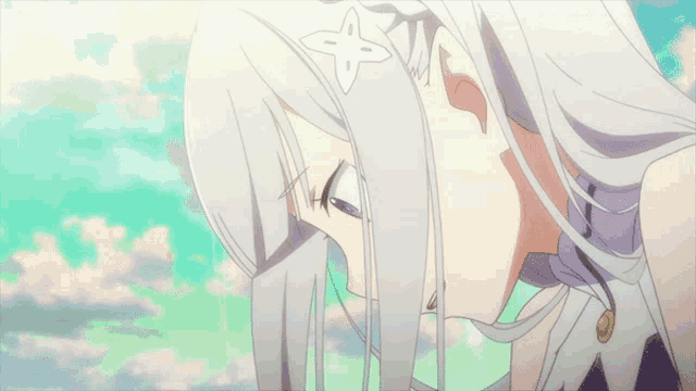 a girl with long white hair and a flower on her head