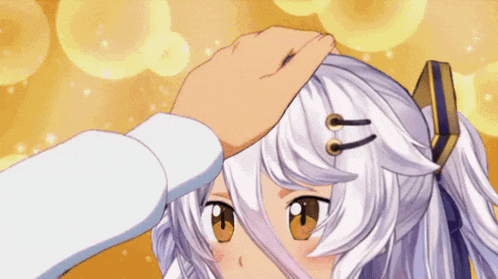 a person petting a girl 's head with white hair
