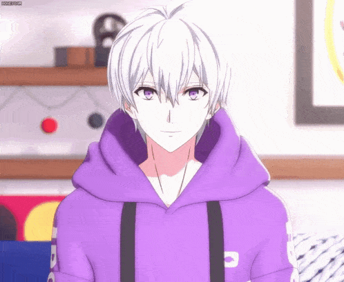 a boy with white hair and purple eyes is wearing a purple hoodie with the letter c on it