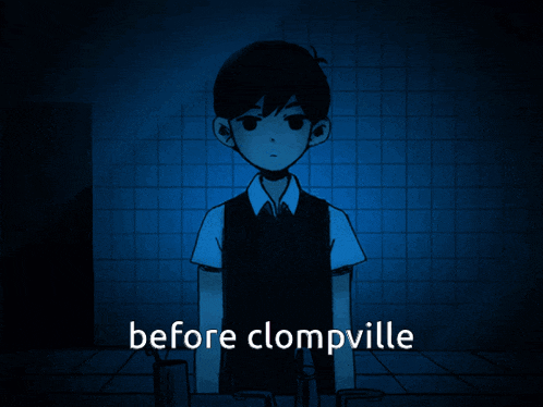 a cartoon of a boy standing in a dark room with the words before clompville below him