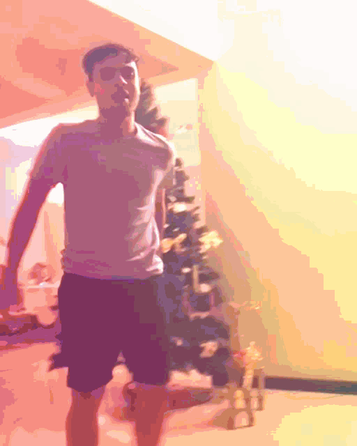 a man standing in front of a christmas tree in a room