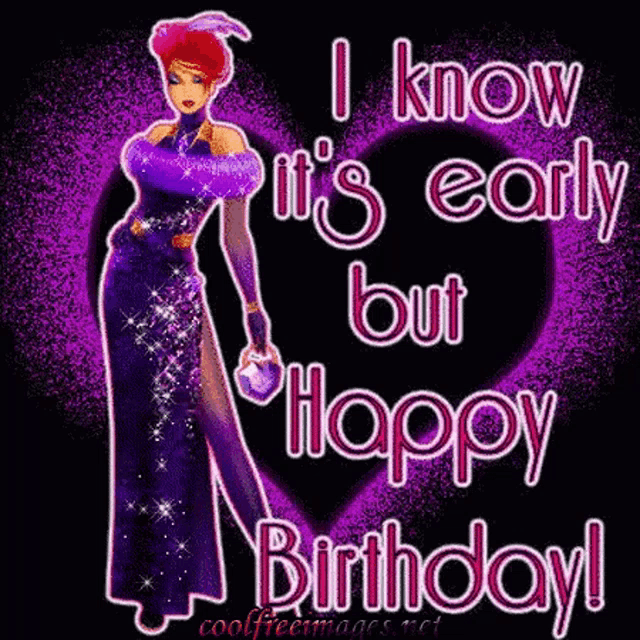 a woman in a purple dress is holding a heart and says `` i know it 's early but happy birthday ''