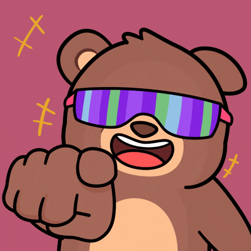 a cartoon of a teddy bear wearing sunglasses and pointing