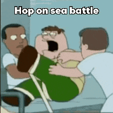 a cartoon of peter griffin being carried by two men in an ambulance .