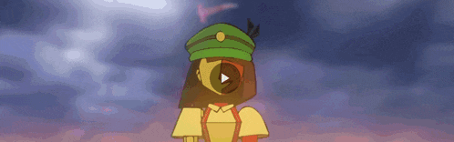 a cartoon character is wearing a green hat and holding a sword .