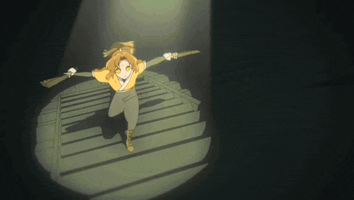 a girl in a yellow shirt is holding a sword in a dark room