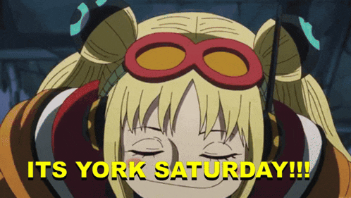a picture of a girl with the words its york saturday below her