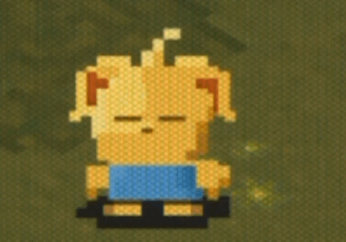 a pixel art drawing of a dog with a blue shirt on