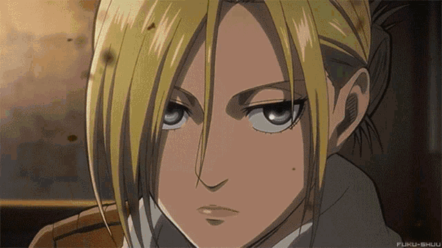 a close up of a woman 's face with the words " fuku-shuu " on the bottom right