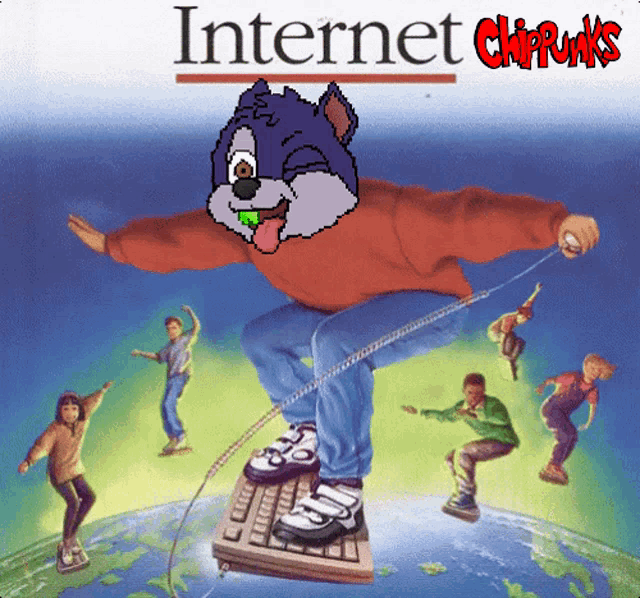 a cartoon of a chipmunk riding a keyboard with the words internet chippunks below it