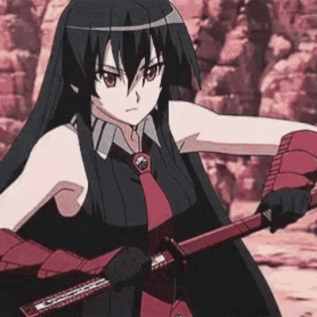 a girl with long black hair is holding a red sword in her hand .
