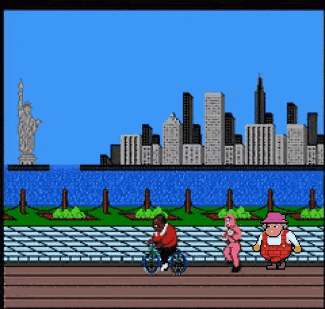 the statue of liberty is in the background of a video game scene