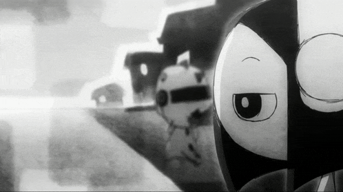 a black and white photo of a cartoon character with a mask on .