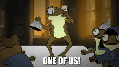 a group of frogs are gathered around a table with the words one of us