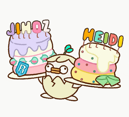 a cartoon drawing of a penguin holding a stack of cakes with the name heidi written on them