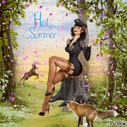 a woman in a police uniform sits on a tree stump with a fox and a deer in the background