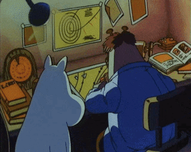 a cartoon drawing of a man sitting at a desk with a target on the wall behind him