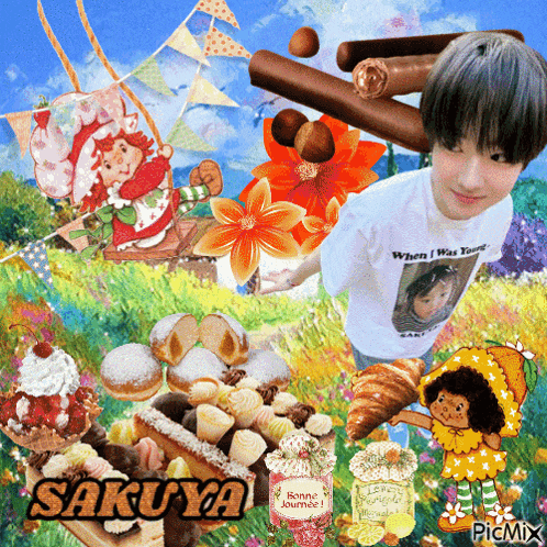 a boy wearing a shirt that says when i was young is surrounded by desserts and flowers