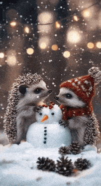 two hedgehogs wearing hats and scarves are building a snowman in the snow .