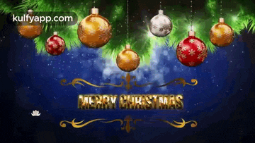a merry christmas greeting card with christmas balls hanging from a christmas tree