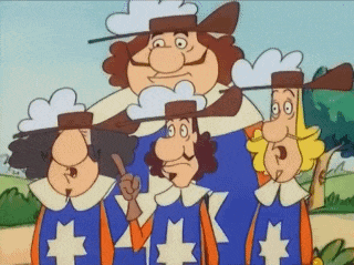a group of cartoon characters standing next to each other with one pointing up