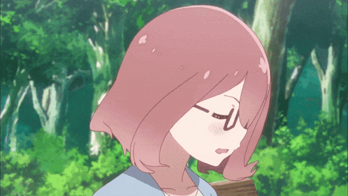 a cartoon girl with pink hair and glasses looks down