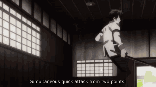 a man holding a sword in a room with the words simultaneous quick attack from two points below him