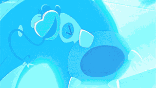 a blue cartoon character with a clock on his head
