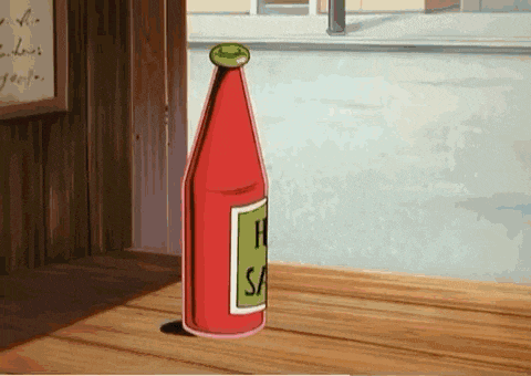 a cartoon drawing of a bottle of ketchup on a wooden table