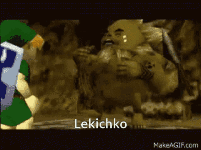 a video game character with the word lekichko on the bottom right
