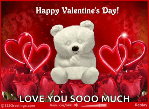 a happy valentine 's day greeting card with a teddy bear and hearts