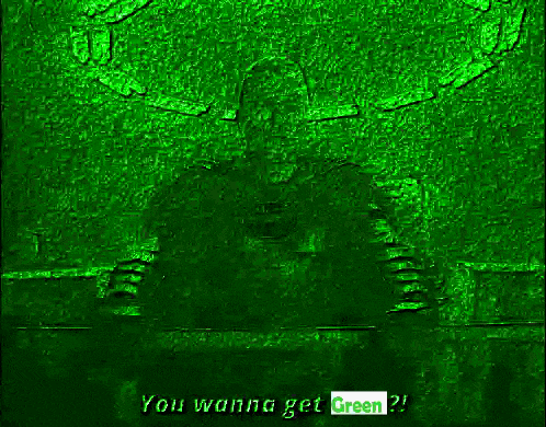 a man is standing in front of a green background and says `` you wanna get green '' .