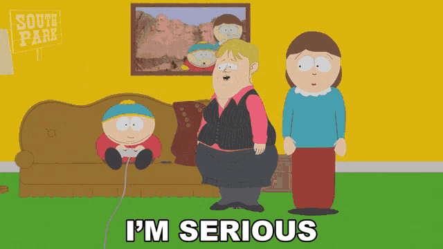 a south park cartoon shows a man sitting on a couch playing a video game