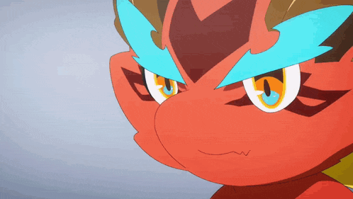 a close up of a red cartoon character with blue eyes and yellow eyes