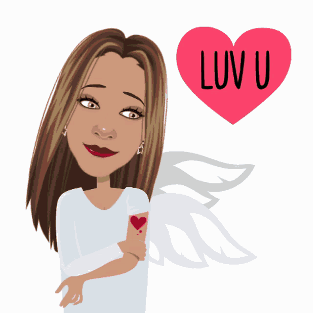 a cartoon of a woman with wings and a heart that says luv u on it