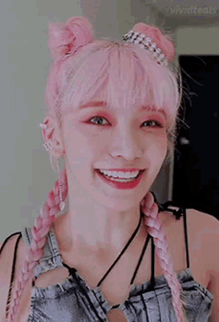 a close up of a woman with pink hair and braids smiling .