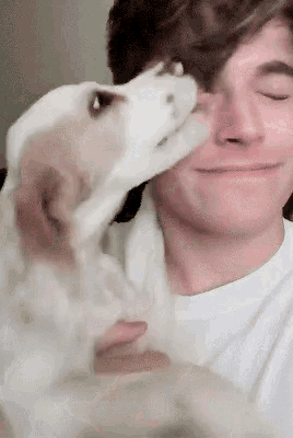 a dog is sniffing a man 's face .