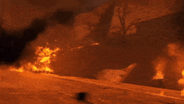 a large fire is burning in the woods near a road