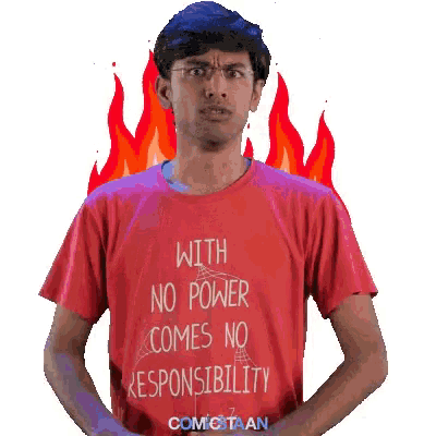 a man is wearing a red shirt that says with no power comes no responsibility