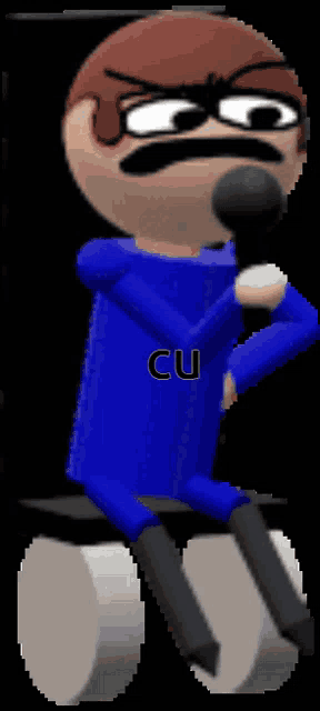 a cartoon character is holding a microphone with cu written on his chest