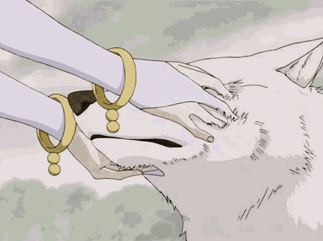a drawing of a woman petting a white wolf