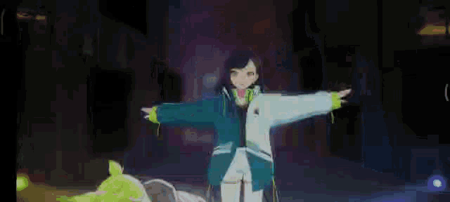 a girl with long black hair and headphones is standing in a dark room and waving .