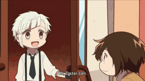a cartoon character says oh dazai-san while holding a door handle