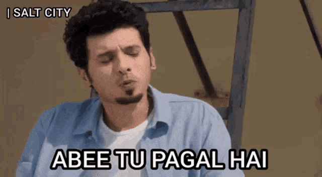 a man in a blue shirt says " abee tu pagal hai "