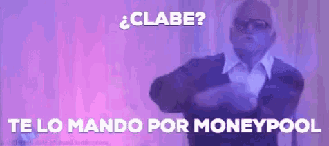 a man is dancing in front of a purple background with the words te lo mando por moneypool written above him .