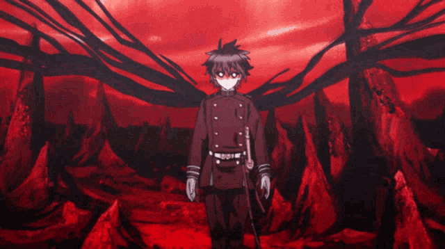 a cartoon character is holding a sword in a red background