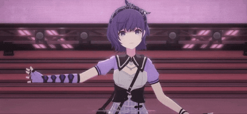 a girl with purple hair and a bandana on her head is standing in front of a stage .