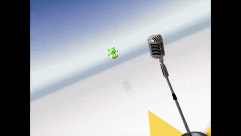 a microphone on a stand with a green frog flying in the background