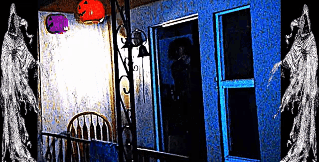 two ghosts are standing in front of a blue door with a pumpkin on it